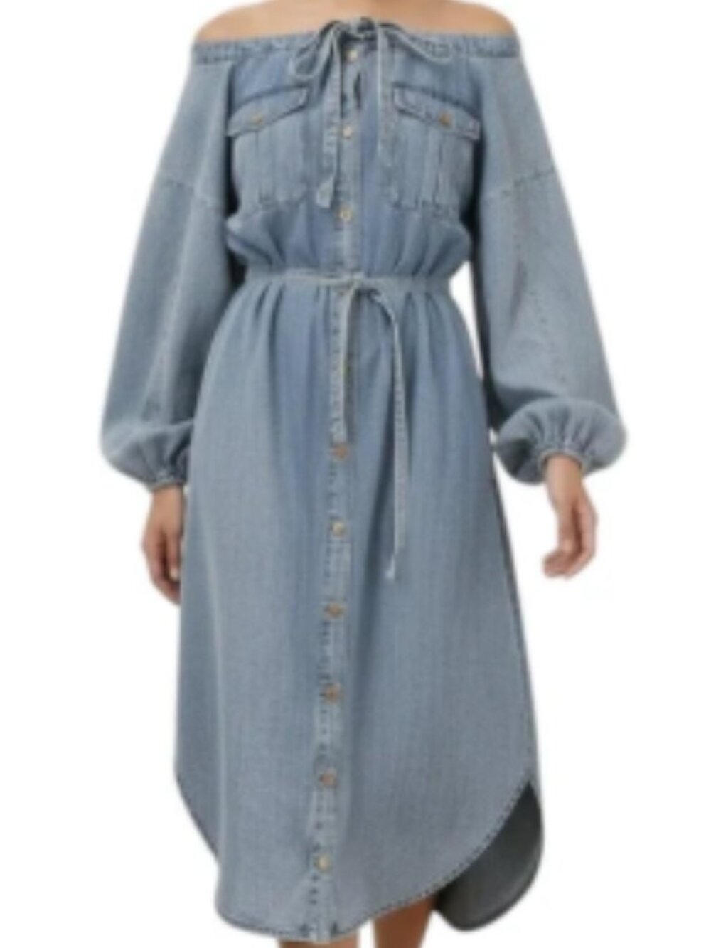 Zimmermann Off The Shoulder Belted Denim Dress Button Front Midi Blue Sz 2 US 8